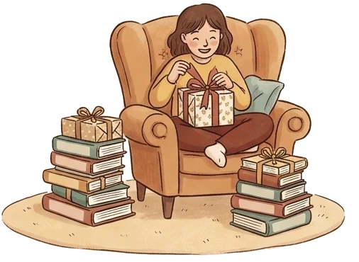 Une lectrice ouvre un paquet-cadeau dans un fauteuil, entourée de piles de livres emballés