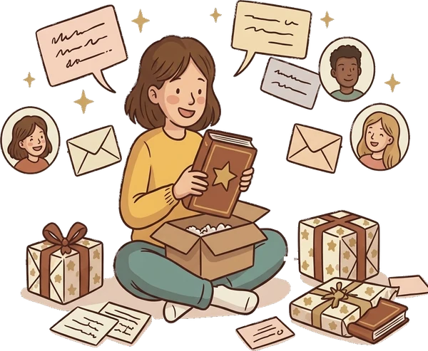 La lectrice déballe un livre, entourée de paquets, de petits mots et des visages de ses proches
